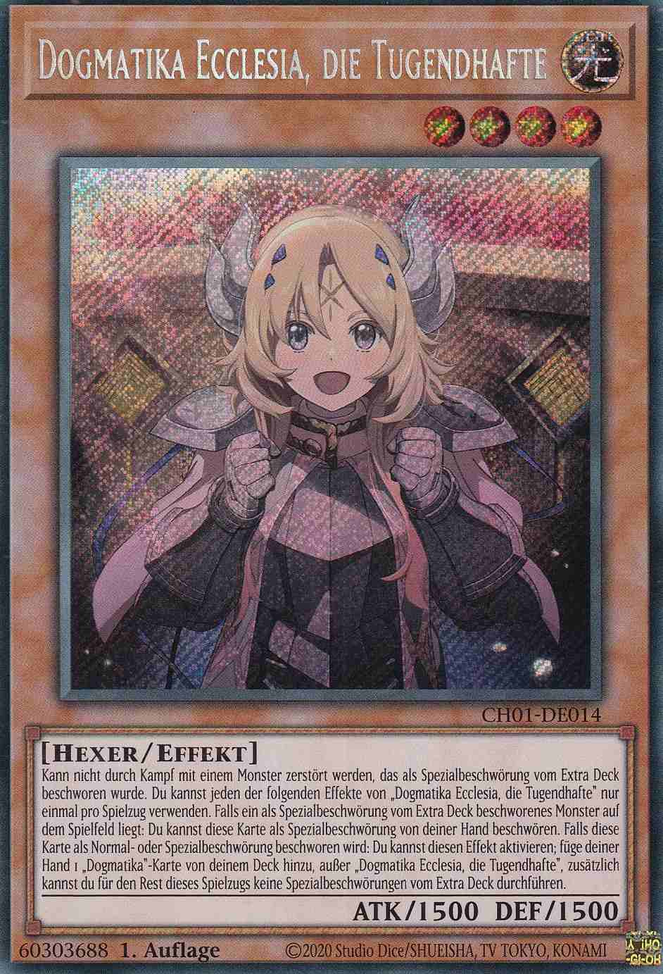 Dogmatika Ecclesia, die Tugendhafte Secret Rare CH01-DE014-SCR Yugioh Karte Dogmatika Ecclesia, die Tugendhafte CH01-DE014-SCR ist in Secret Rare Yu-Gi-Oh Karte aus THE CHRONICLES DECK: The Fallen & The Virtuous 1.Auflage