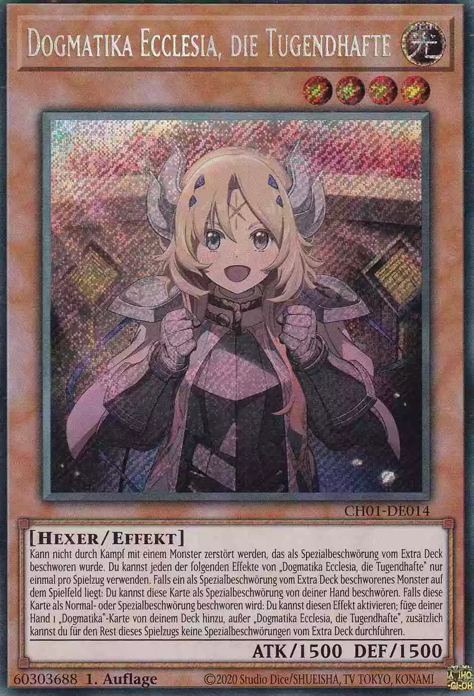 Dogmatika Ecclesia, die Tugendhafte CH01-DE014-SCR ist in Secret Rare Yu-Gi-Oh Karte aus THE CHRONICLES DECK: The Fallen & The Virtuous 1.Auflage