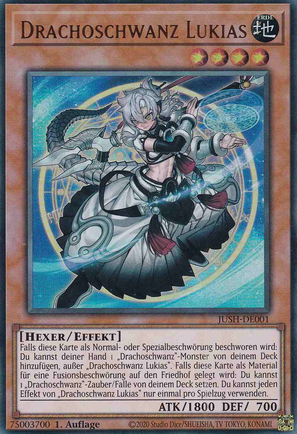 Drachoschwanz Lukias JUSH-DE001 ist in Ultra Rare Yu-Gi-Oh Karte aus Justice Hunters 1.Auflage