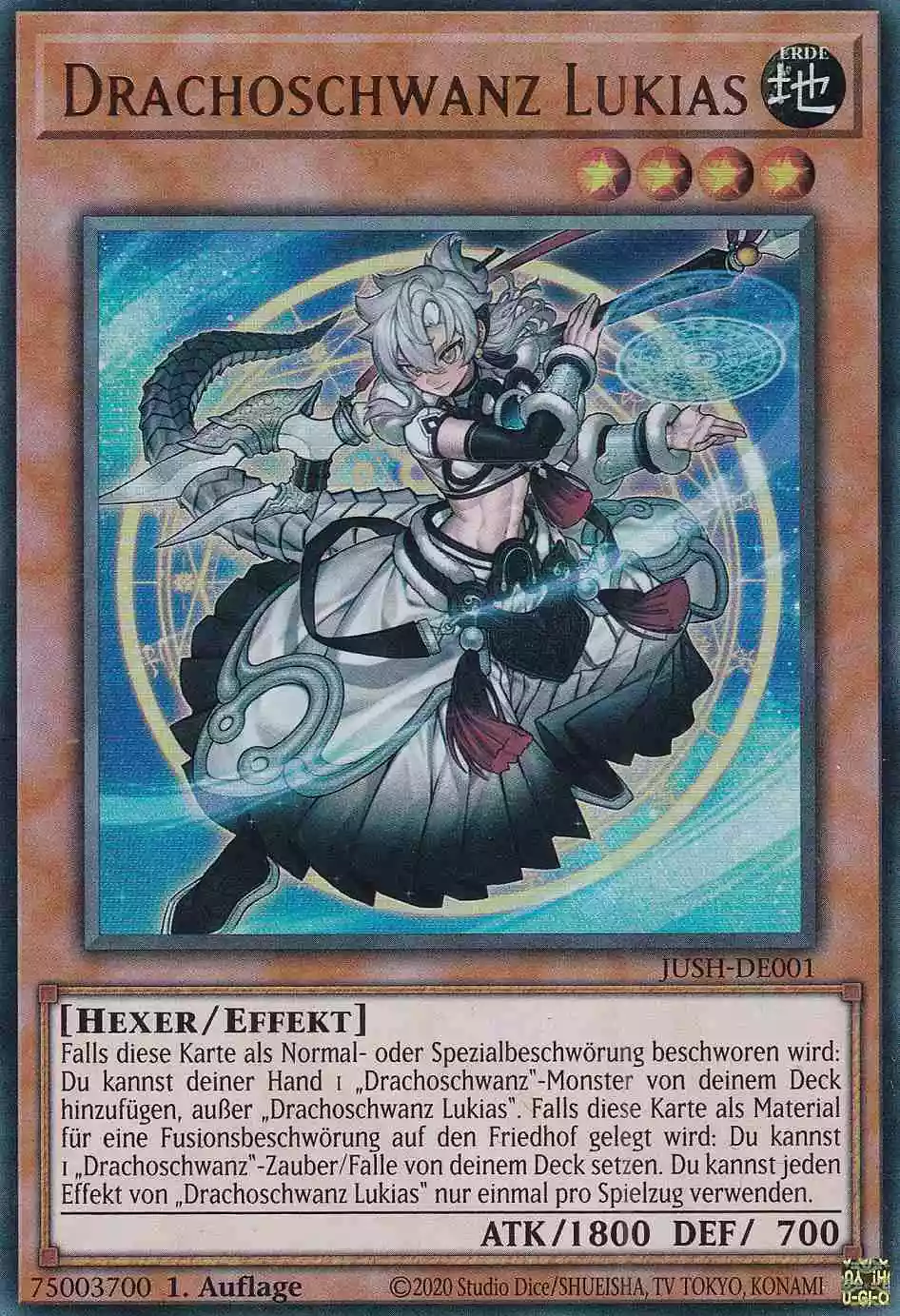 Drachoschwanz Lukias JUSH-DE001 ist in Ultra Rare Yu-Gi-Oh Karte aus Justice Hunters 1.Auflage