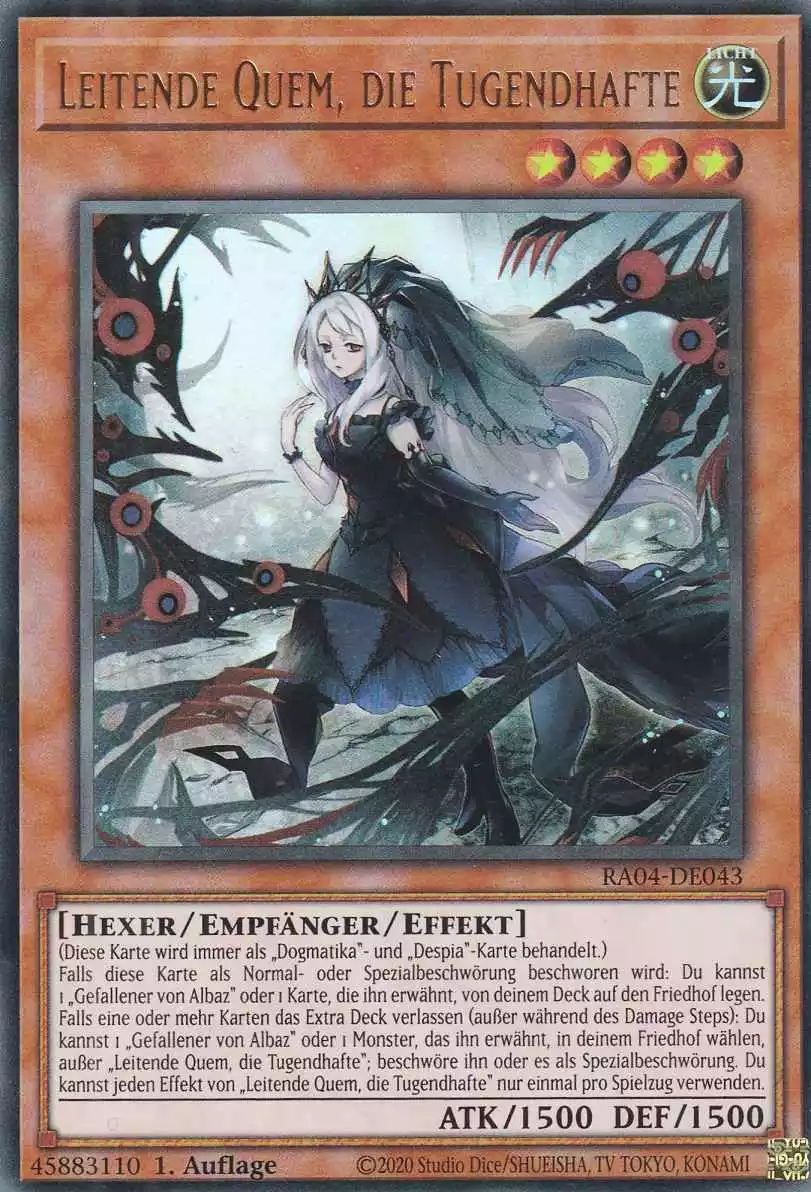 Leitende Quem, die Tugendhafte RA04-DE043 ist in Ultra Rare Yu-Gi-Oh Karte aus Quarter Century Stampede 1.Auflage