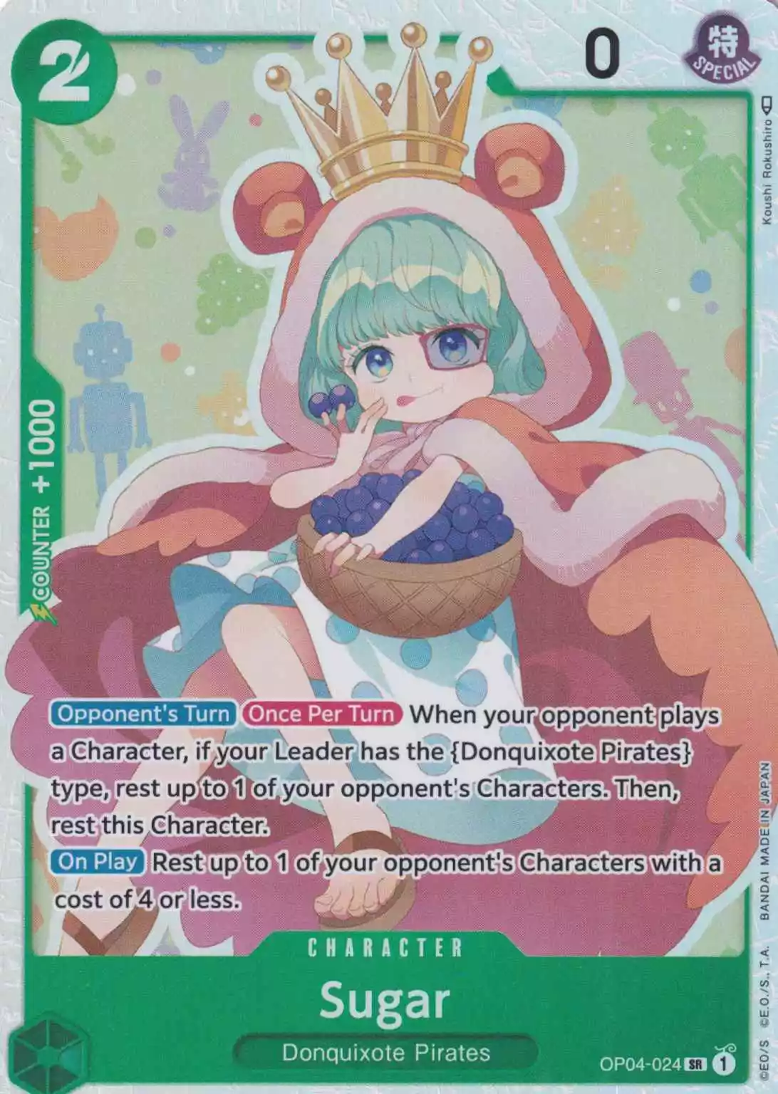 Sugar OP04-024 ist in Super Rare. Die One Piece Karte ist aus Kingdoms Of Intrigue in Normal Art.