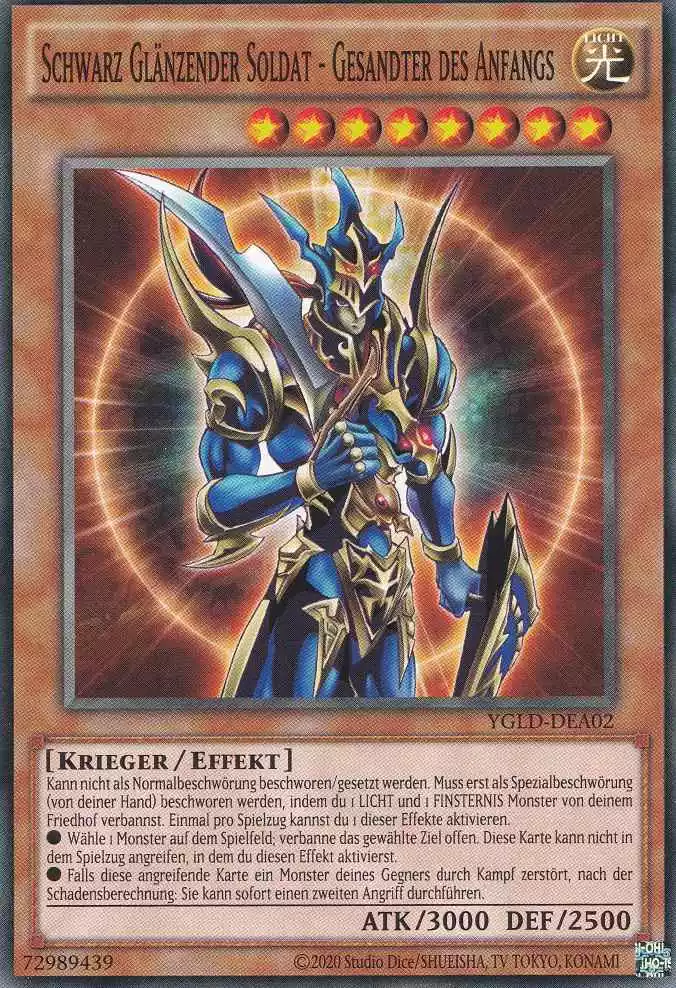 Schwarz Glänzender Soldat - Gesandter des Anfangs YGLD-DEA02 ist in Common Yu-Gi-Oh Karte aus Yugis Legendary Decks - King of Games unlimitiert