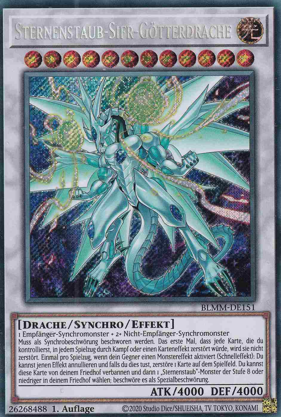Sternenstaub-Sifr-Götterdrache BLMM-DE151 ist in Secret Rare Yu-Gi-Oh Karte aus Battles of Legend Monster Mayhem 1.Auflage