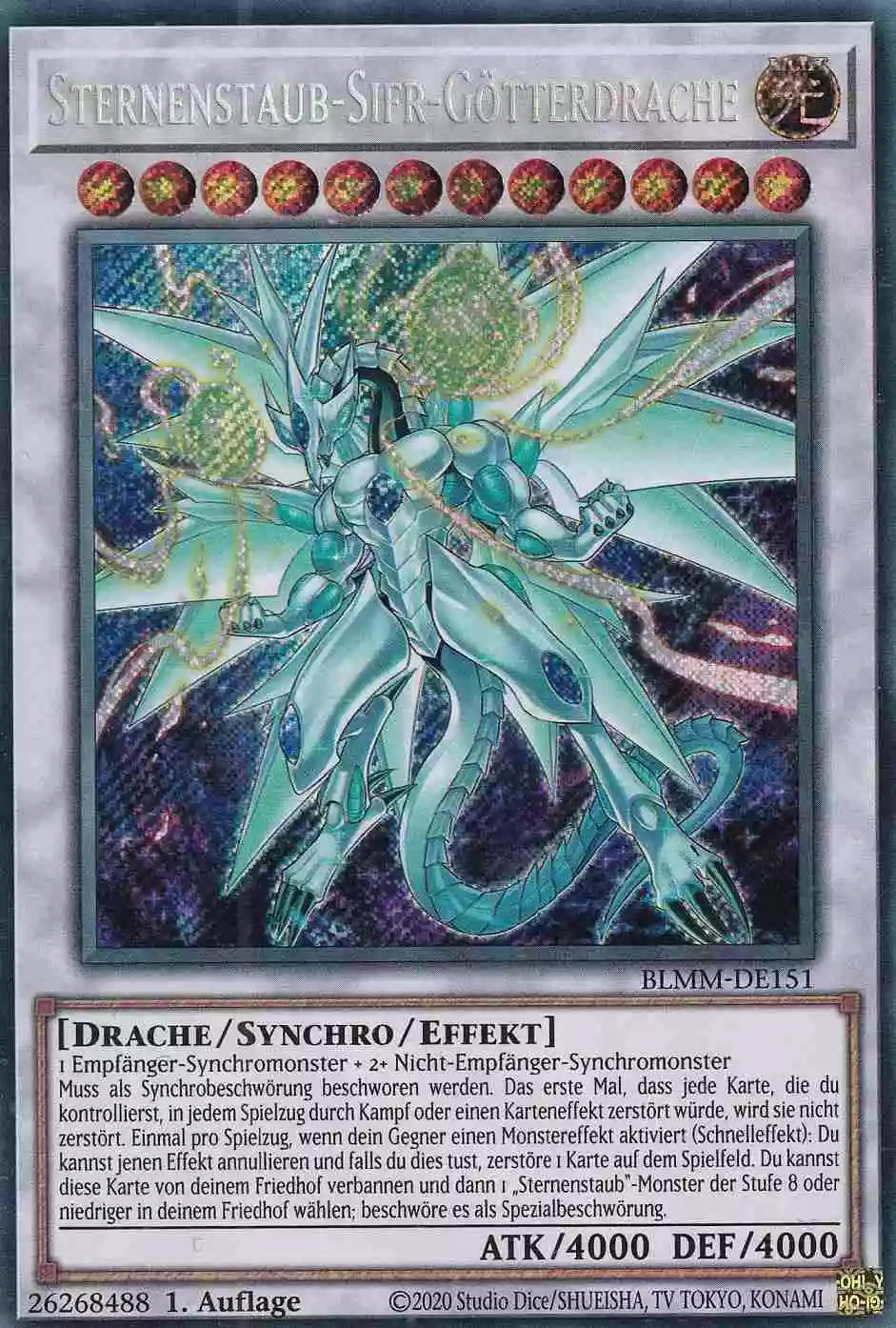 Sternenstaub-Sifr-Götterdrache Secret Rare BLMM-DE151 Yugioh Karte Sternenstaub-Sifr-Götterdrache BLMM-DE151 ist in Secret Rare Yu-Gi-Oh Karte aus Battles of Legend Monster Mayhem 1.Auflage