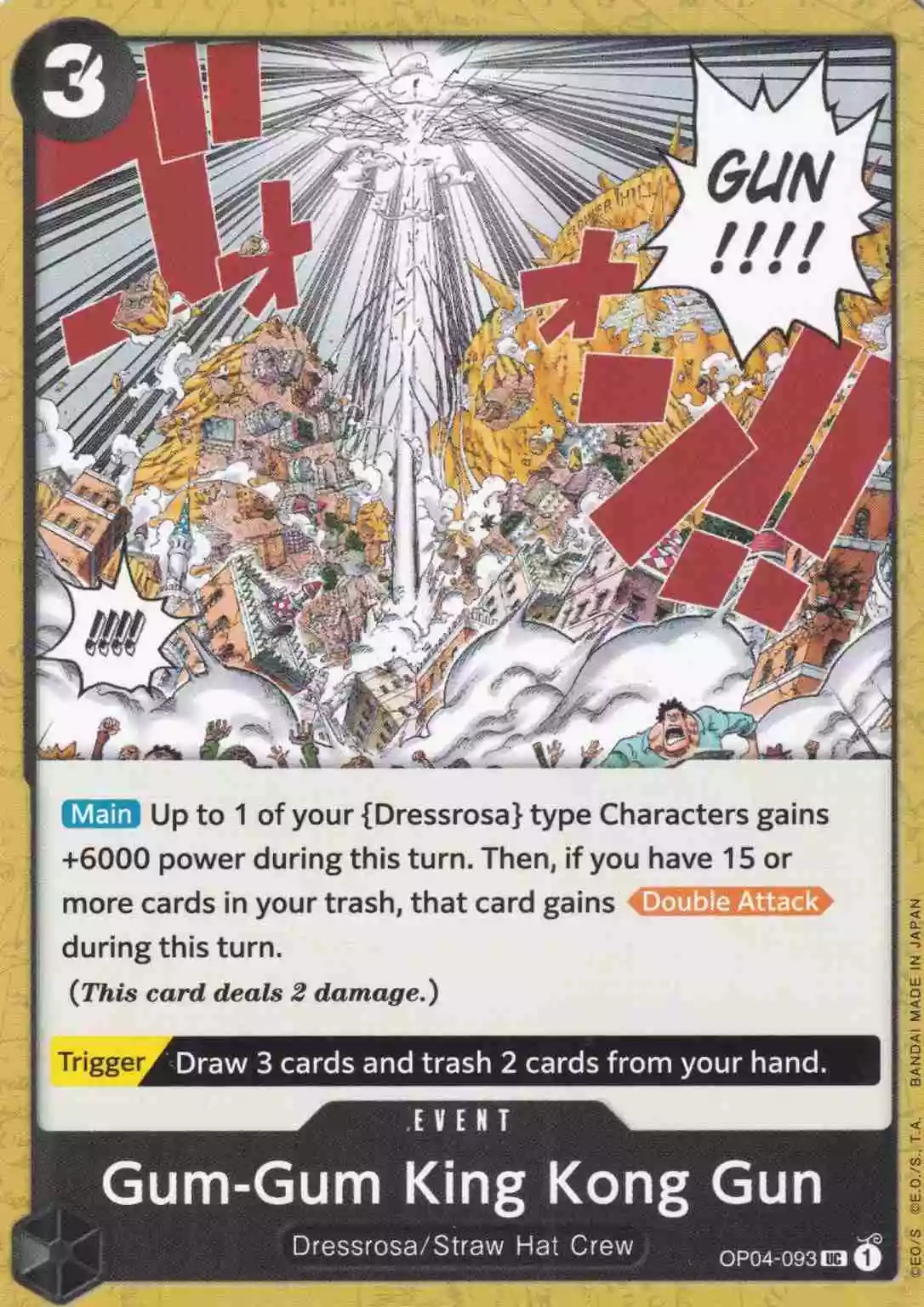 Gum-Gum King Kong Gun OP04-093 ist in Uncommon. Die One Piece Karte ist aus Kingdoms Of Intrigue in Normal Art.