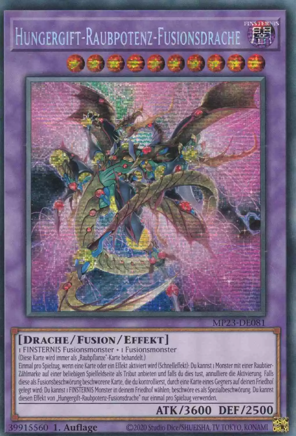 Hungergift-Raubpotenz-Fusionsdrache MP23-DE081 ist in Prismatic Secret Rare Yu-Gi-Oh Karte aus 25th Anniversary Tin Dueling Heroes 1.Auflage