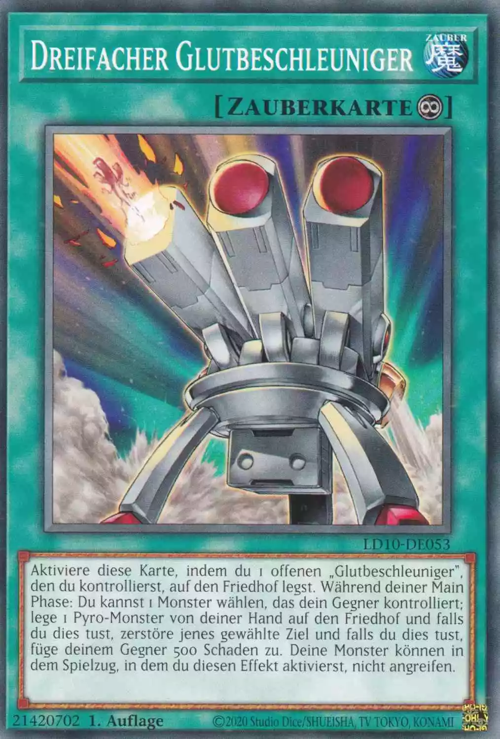 Dreifacher Glutbeschleuniger LD10-DE053 ist in Common Yu-Gi-Oh Karte aus Legendary Duelists Soulburning Volcano 1.Auflage