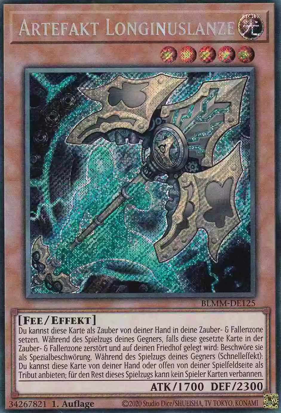Artefakt Longinuslanze BLMM-DE125 ist in Secret Rare Yu-Gi-Oh Karte aus Battles of Legend Monster Mayhem 1.Auflage