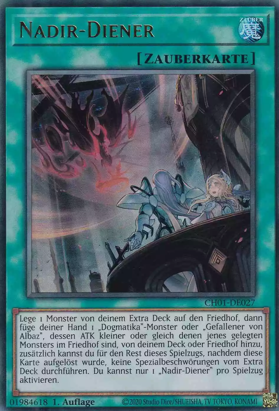 Nadir-Diener Ultra Rare CH01-DE027 Yugioh Karte Nadir-Diener CH01-DE027 ist in Ultra Rare Yu-Gi-Oh Karte aus THE CHRONICLES DECK: The Fallen & The Virtuous 1.Auflage
