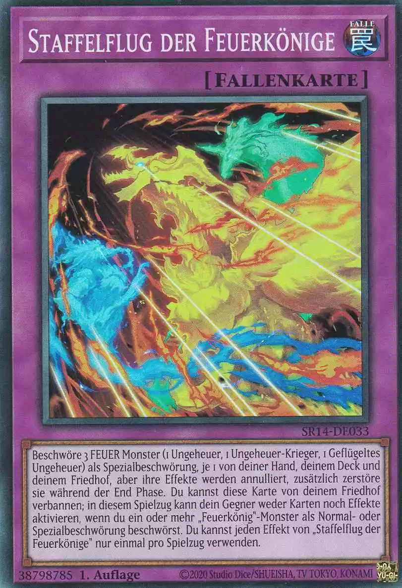 Staffelflug der Feuerkönige SR14-DE033 ist in Super Rare Yu-Gi-Oh Karte aus Fire Kings 1.Auflage