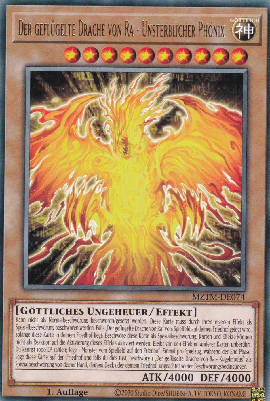 Der geflügelte Drache von Ra - Unsterblicher Phönix MZTM-DE074 ist in Rare Yu-Gi-Oh Karte aus Maze of the Master 1.Auflage