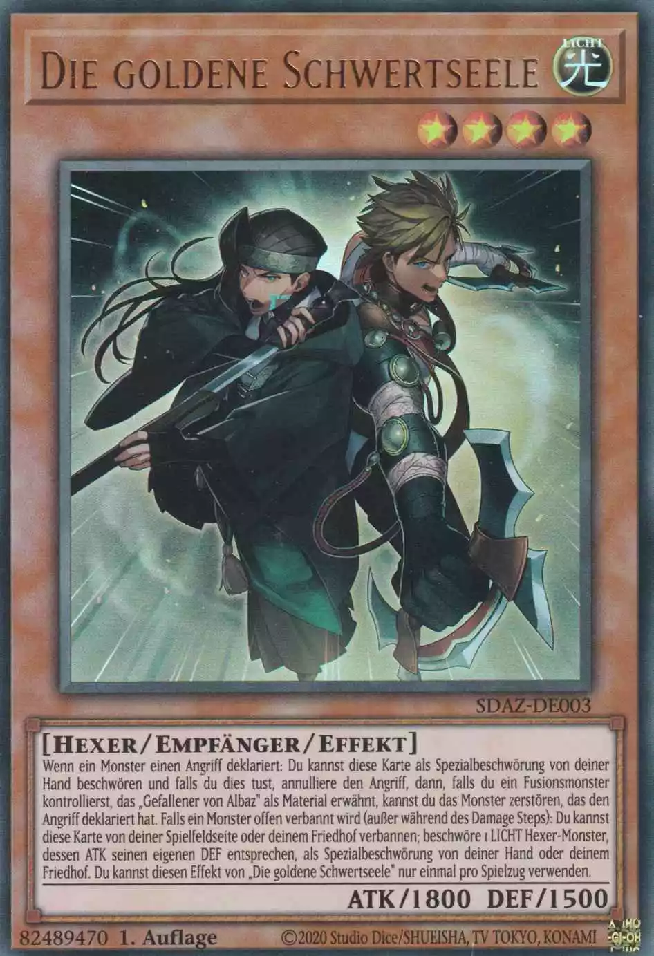 Die goldene Schwertseele SDAZ-DE003 ist in Ultra Rare Yu-Gi-Oh Karte aus Structure Deck Albaz Strike 1.Auflage