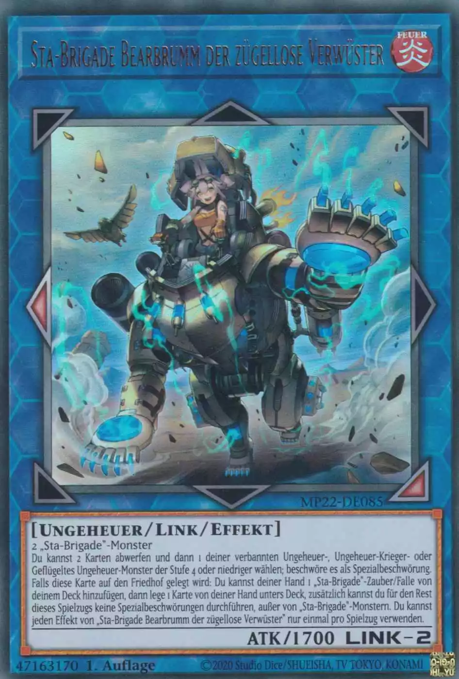 Sta-Brigade Bearbrumm der zügellose Verwüster MP22-DE085 ist in Ultra Rare Yu-Gi-Oh Karte aus Tin of the Pharaoh’s Gods 1.Auflage