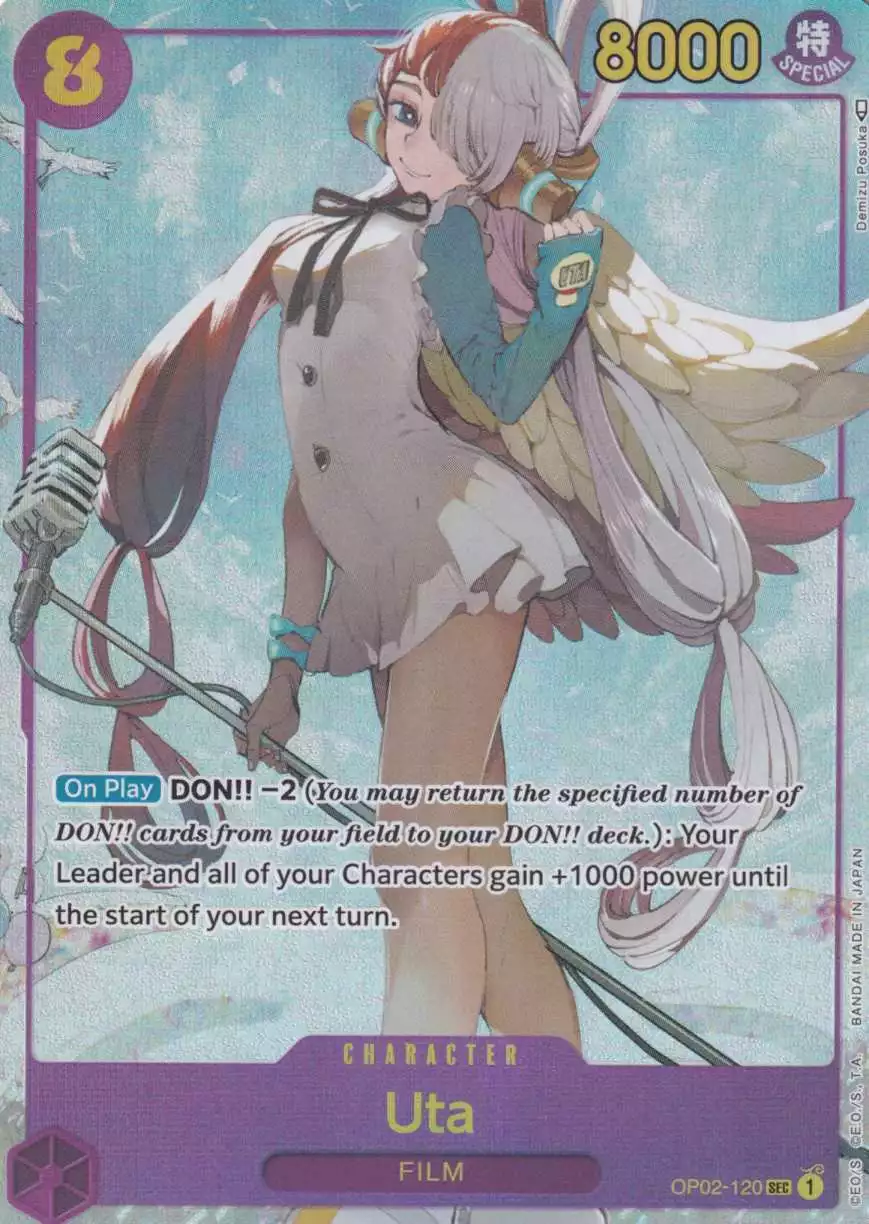 op02-120-a-uta-parallel-secret-rare-paramount-war-op-02 Uta (Parallel) OP02-120 ist in Secret Rare. Die One Piece Karte ist aus Paramount War OP-02 in Parallel Alternative Art.