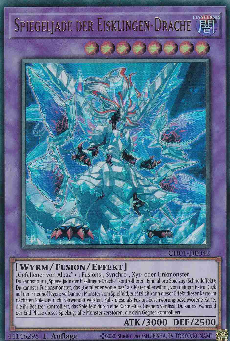 Spiegeljade der Eisklingen-Drache Ultra Rare CH01-DE042 Yugioh Karte Spiegeljade der Eisklingen-Drache CH01-DE042 ist in Ultra Rare Yu-Gi-Oh Karte aus THE CHRONICLES DECK: The Fallen & The Virtuous 1.Auflage