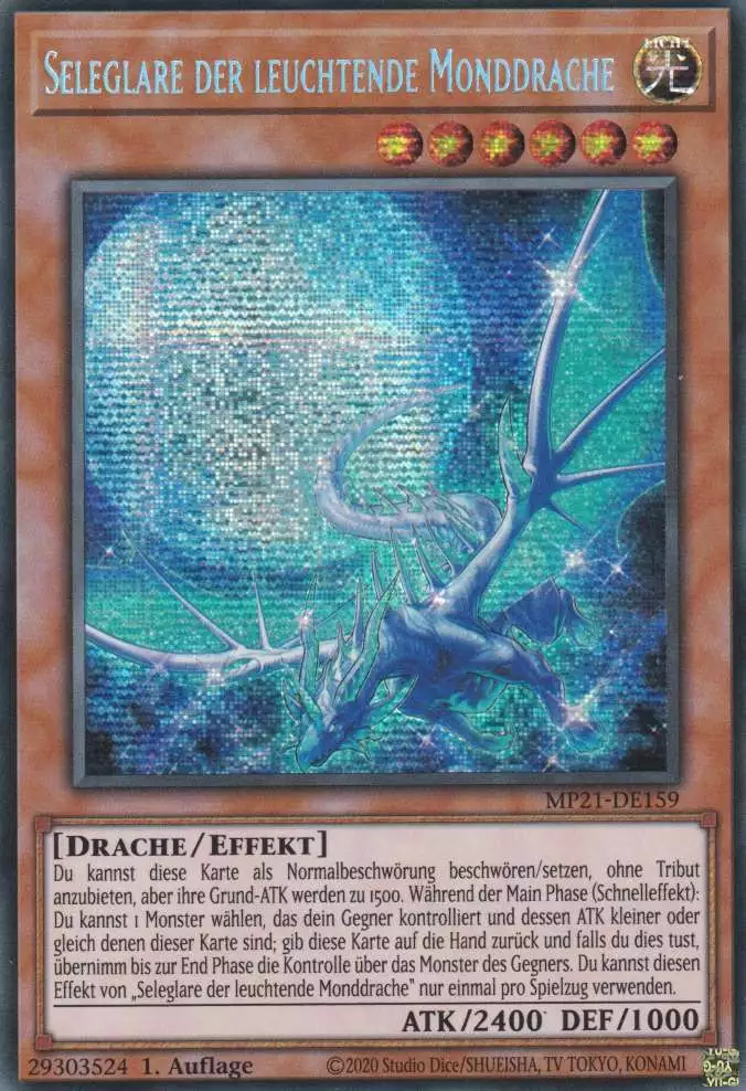 Seleglare der leuchtende Monddrache MP21-DE159 ist in Prismatic Secret Rare Yu-Gi-Oh Karte aus Tin of Ancient Battles 1.Auflage