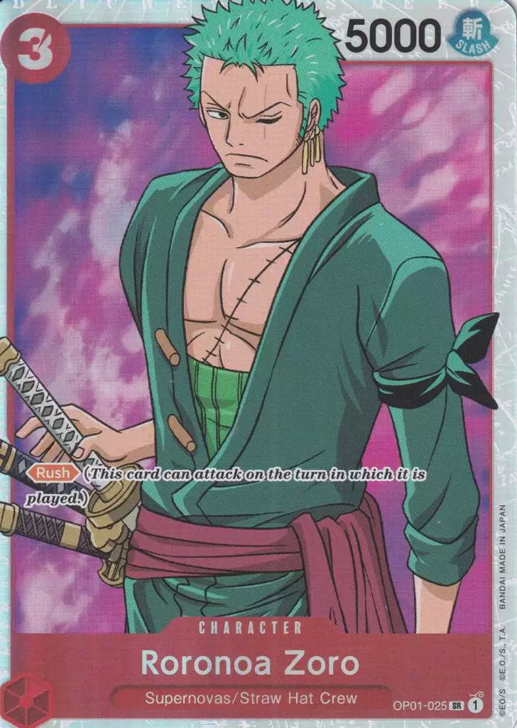 op01-025-roronoa-zoro-super-rare-romance-dawn Roronoa Zoro OP01-025 ist in Super Rare. Die One Piece Karte ist aus Romance Dawn in Normal Art.