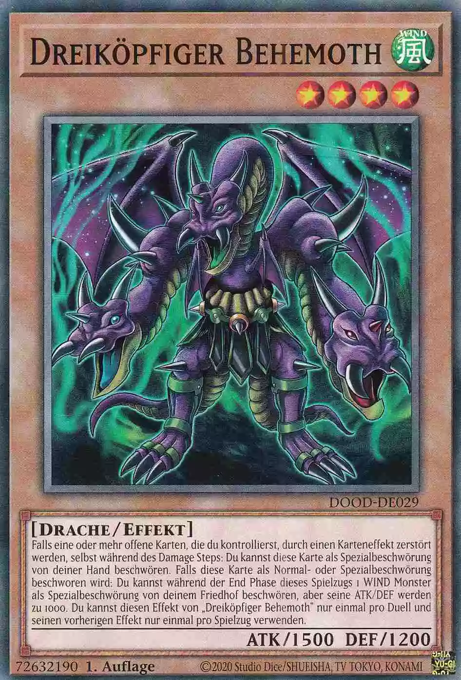 Dreiköpfiger Behemoth Common DOOD-DE029 Yugioh Karte Dreiköpfiger Behemoth DOOD-DE029 ist in Common Yu-Gi-Oh Karte aus Doom of Dimensions 1.Auflage