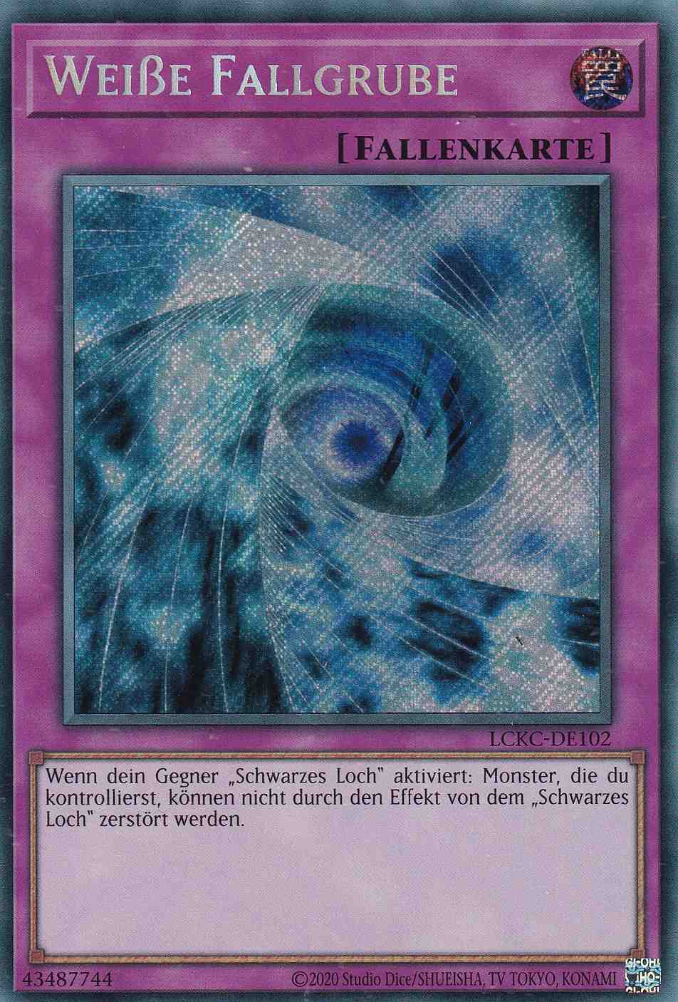 Weiße Fallgrube Secret Rare LCKC-DE102 Yugioh Karte Weiße Fallgrube LCKC-DE102 ist in Secret Rare Yu-Gi-Oh Karte aus Legendary Collection Kaiba unlimitiert