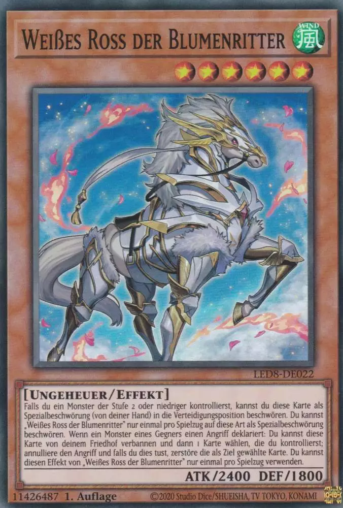 Weißes Ross der Blumenritter LED8-DE022 ist in Super Rare Yu-Gi-Oh Karte aus Legendary Duelists Synchro Storm 1.Auflage