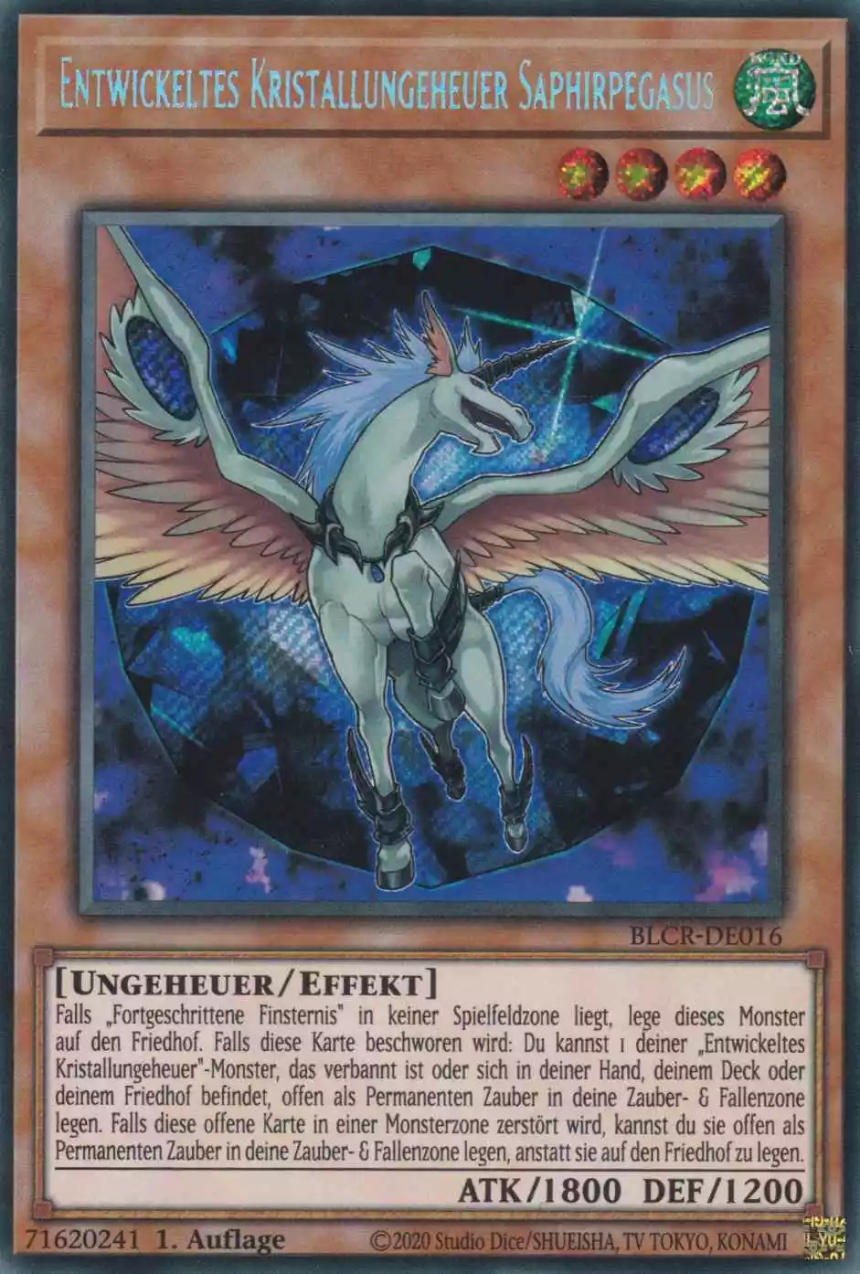 Entwickeltes Kristallungeheuer Saphirpegasus BLCR-DE016 ist in Secret Rare Yu-Gi-Oh Karte aus Battles of Legend Crystal Revenge 1.Auflage