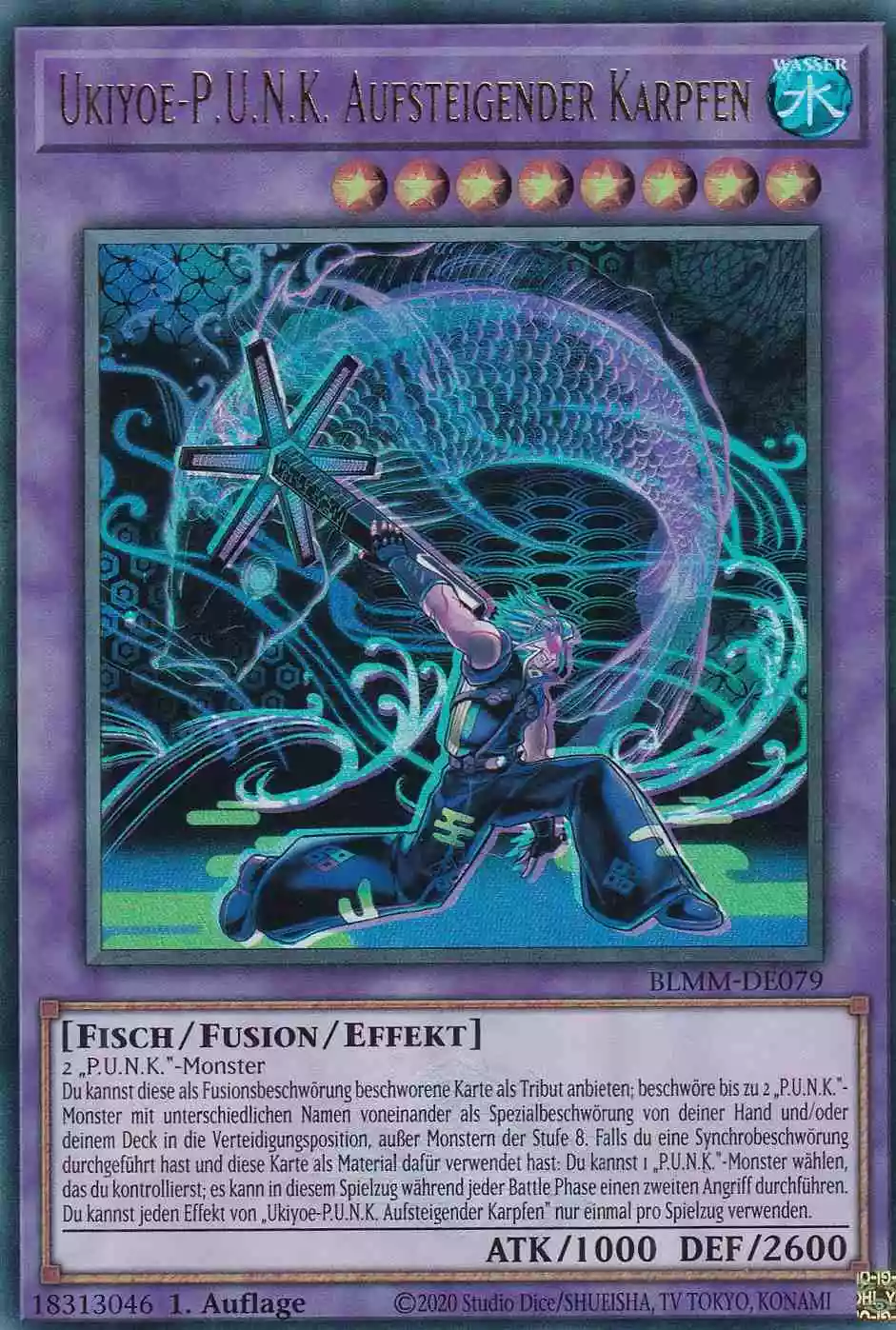 Ukiyoe-P.U.N.K. Aufsteigender Karpfen Ultra Rare BLMM-DE079 Yugioh Karte Ukiyoe-P.U.N.K. Aufsteigender Karpfen BLMM-DE079 ist in Ultra Rare Yu-Gi-Oh Karte aus Battles of Legend Monster Mayhem 1.Auflage
