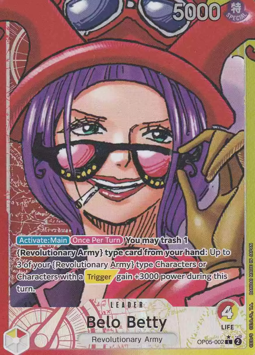 op05-002-a-belo-betty-leader-awakening-of-the-new-era Belo Betty OP05-002 ist in Leader. Die One Piece Karte ist aus Awakening of the New Era in Parallel Alternative Art.