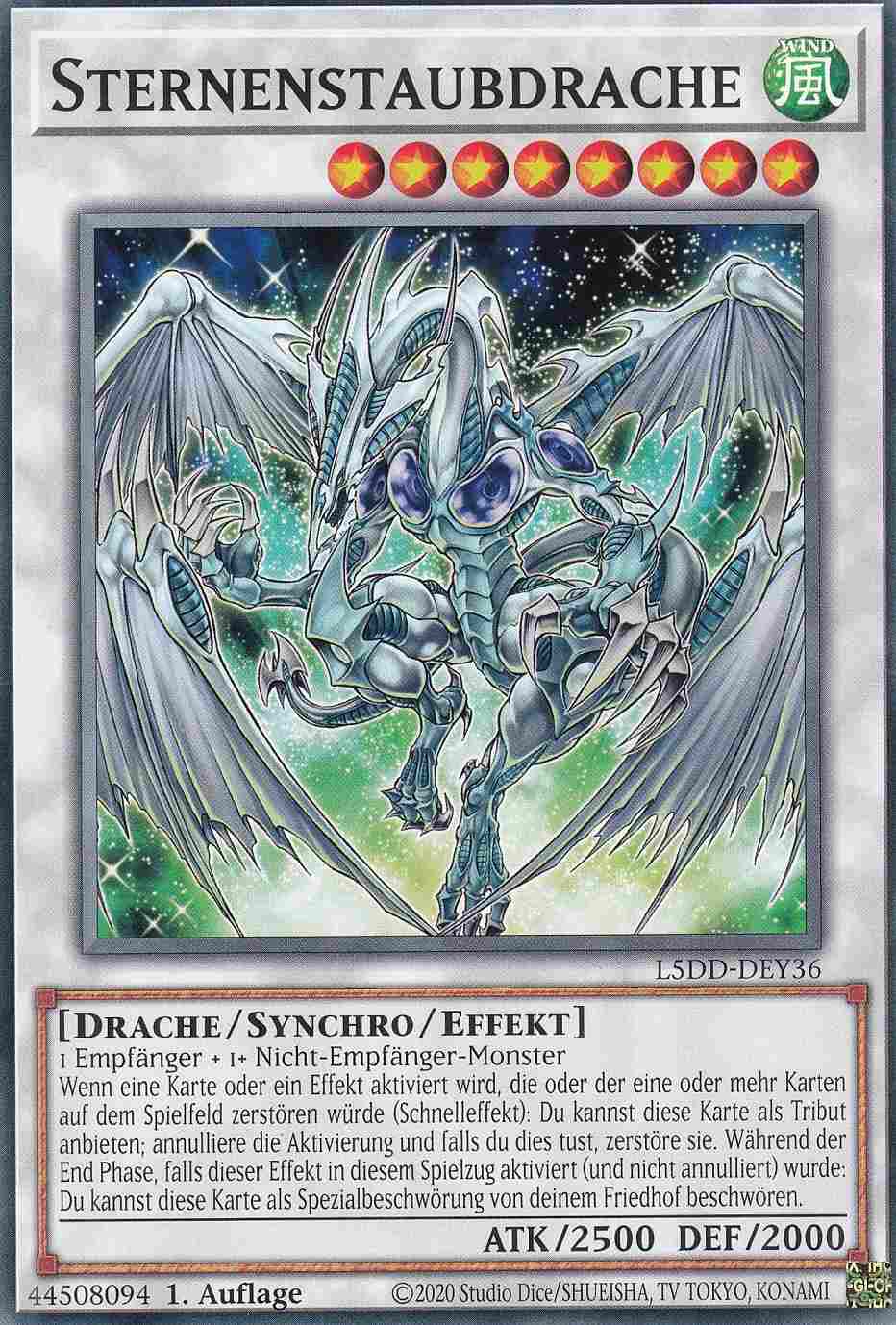 Sternenstaubdrache Common L5DD-DEY36 Yugioh Karte Sternenstaubdrache L5DD-DEY36 ist in Common Yu-Gi-Oh Karte aus Legendary 5D’s Decks 1.Auflage