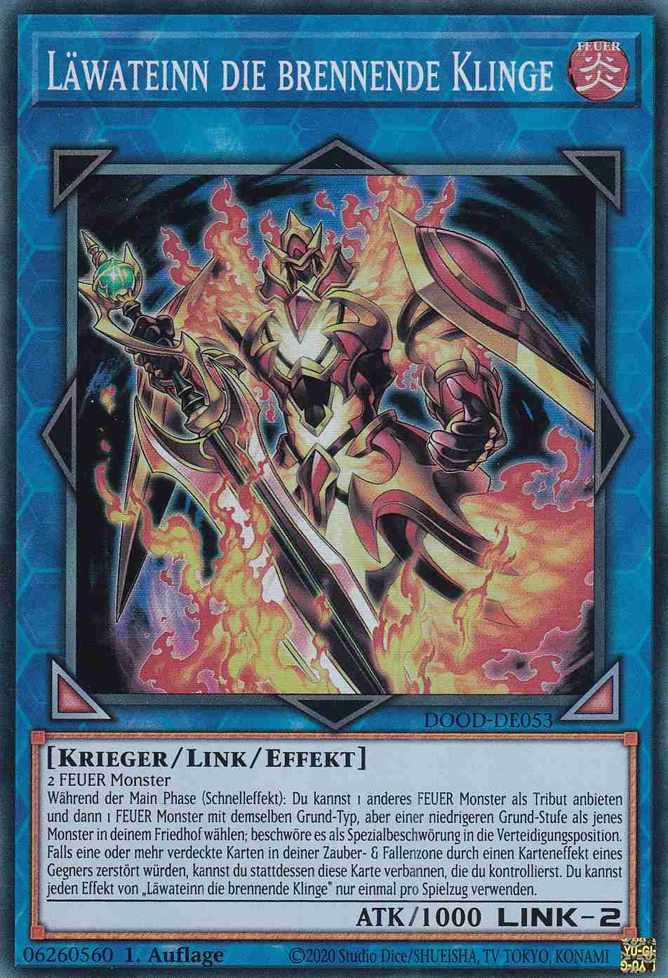 Läwateinn die brennende Klinge DOOD-DE053 ist in Super Rare Yu-Gi-Oh Karte aus Doom of Dimensions 1.Auflage