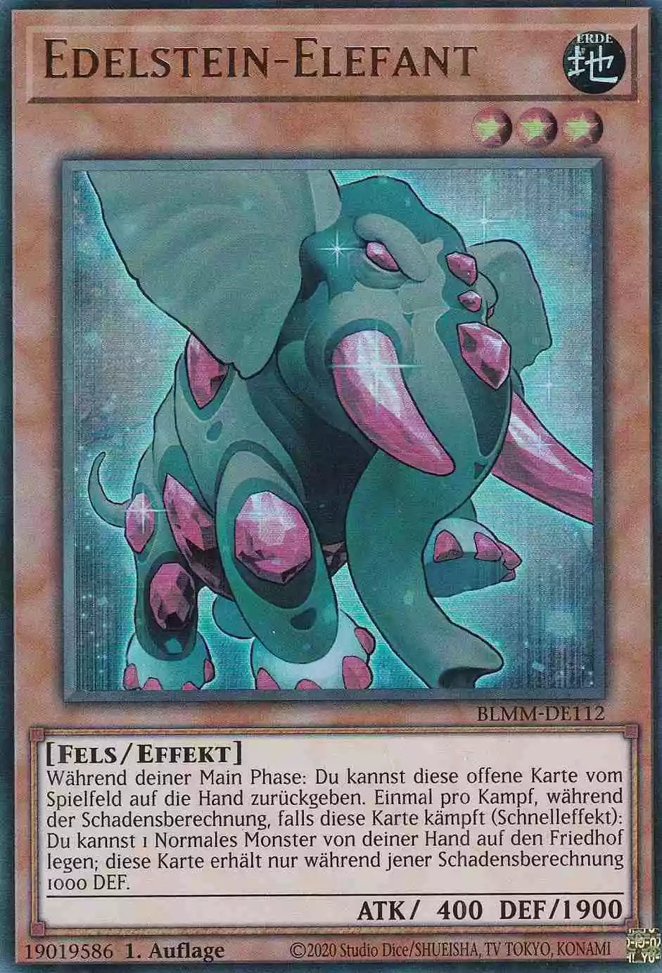 Edelstein-Elefant Ultra Rare BLMM-DE112 Yugioh Karte Edelstein-Elefant BLMM-DE112 ist in Ultra Rare Yu-Gi-Oh Karte aus Battles of Legend Monster Mayhem 1.Auflage