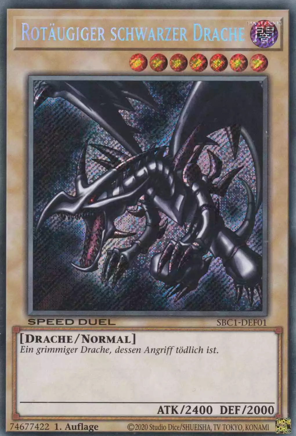 Rotäugiger schwarzer Drache SBC1-DEF01 ist in Secret Rare Yu-Gi-Oh Karte aus Streets of Battle City 1.Auflage