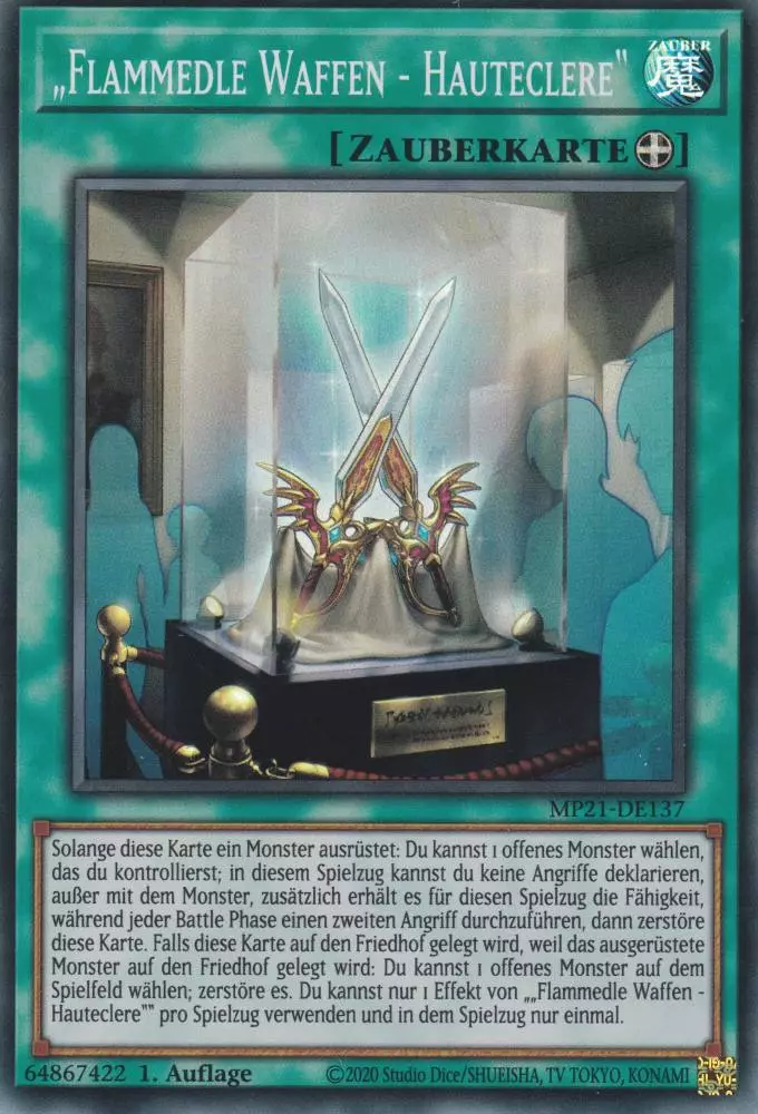 „Flammedle Waffen - Hauteclere“ MP21-DE137 ist in Super Rare Yu-Gi-Oh Karte aus Tin of Ancient Battles 1.Auflage