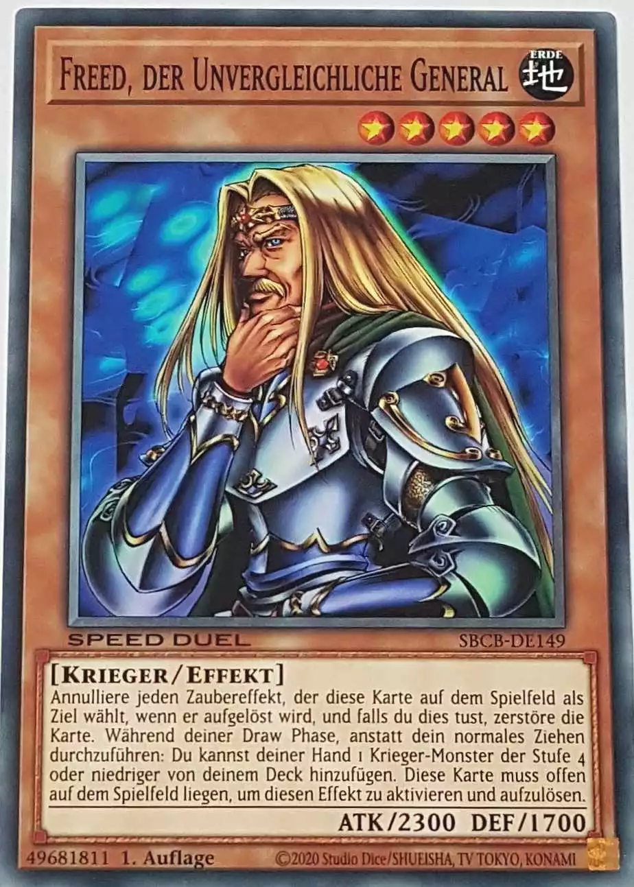 Freed, der Unvergleichliche General SBCB-DE149 ist in Common Yu-Gi-Oh Karte aus Speed Duel Battle City Box 1. Auflage