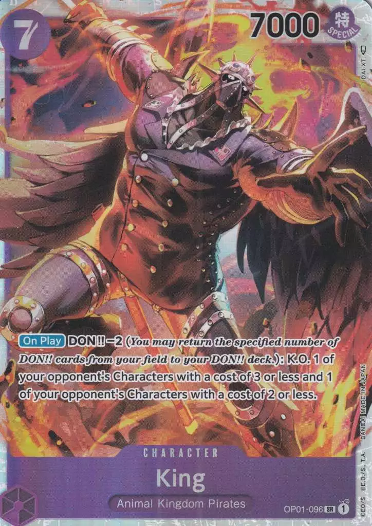 op01-096-king-super-rare-romance-dawn King OP01-096 ist in Super Rare. Die One Piece Karte ist aus Romance Dawn in Normal Art.