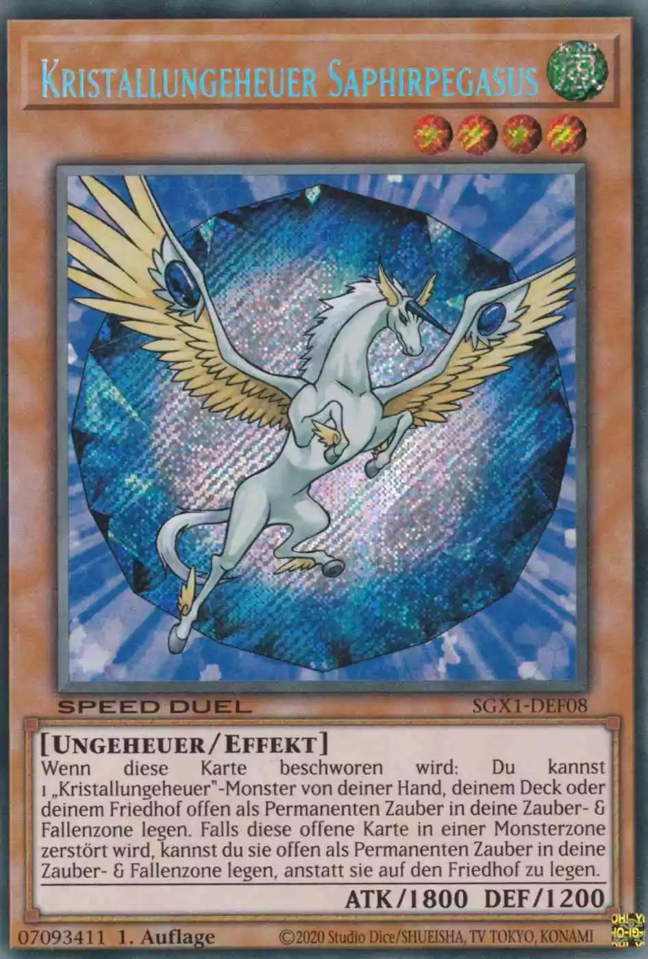 Kristallungeheuer Saphirpegasus SGX1-DEF08-P ist in Secret Rare Yu-Gi-Oh Karte aus Speed Duel GX Duel Academy Box 1.Auflage