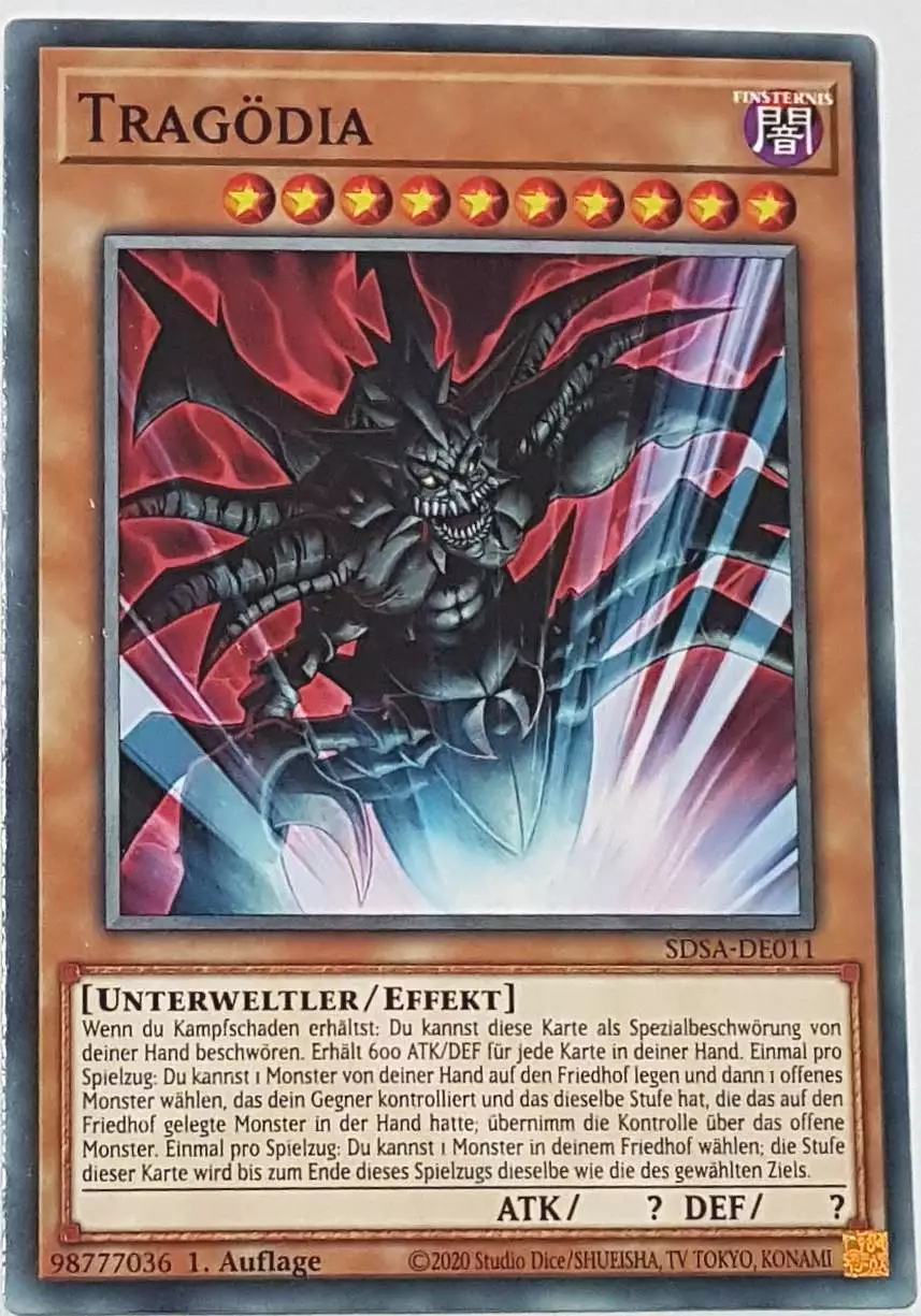 Tragödia SDSA-DE011 ist in Common Yu-Gi-Oh Karte aus Sacred Beasts 1.Auflage