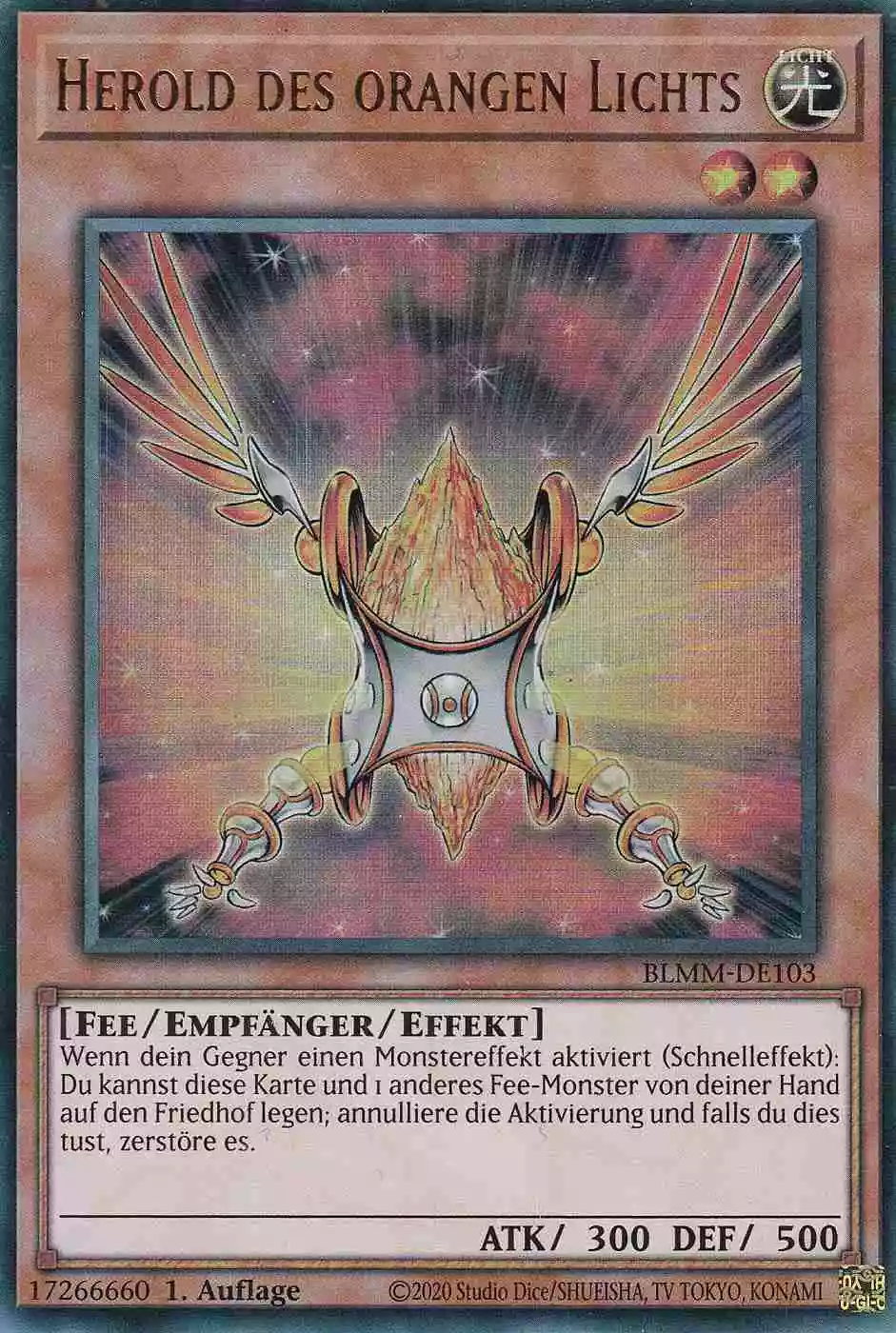Herold des orangen Lichts Ultra Rare BLMM-DE103 Yugioh Karte Herold des orangen Lichts BLMM-DE103 ist in Ultra Rare Yu-Gi-Oh Karte aus Battles of Legend Monster Mayhem 1.Auflage