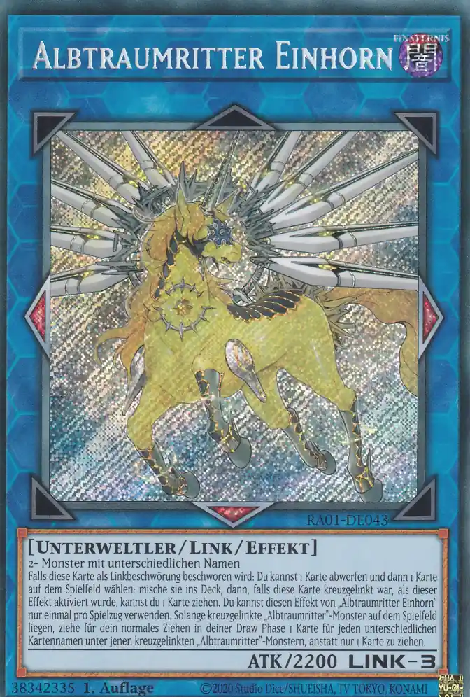 Albtraumritter Einhorn RA01-DE043 ist in Secret Rare Yu-Gi-Oh Karte aus 25th Anniversary Rarity Collection 1.Auflage