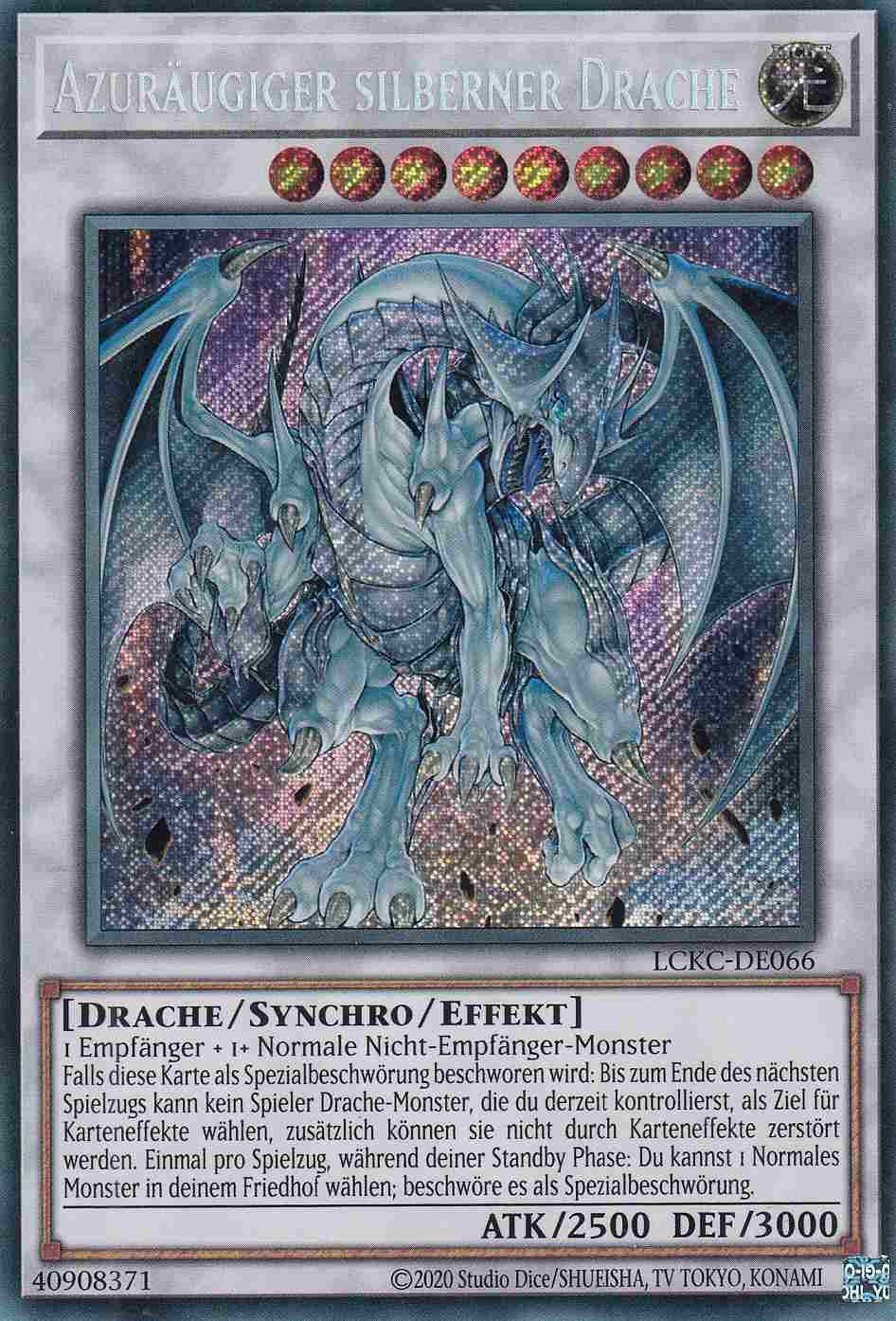 Azuräugiger silberner Drache Secret Rare LCKC-DE066 Yugioh Karte Azuräugiger silberner Drache LCKC-DE066 ist in Secret Rare Yu-Gi-Oh Karte aus Legendary Collection Kaiba unlimitiert