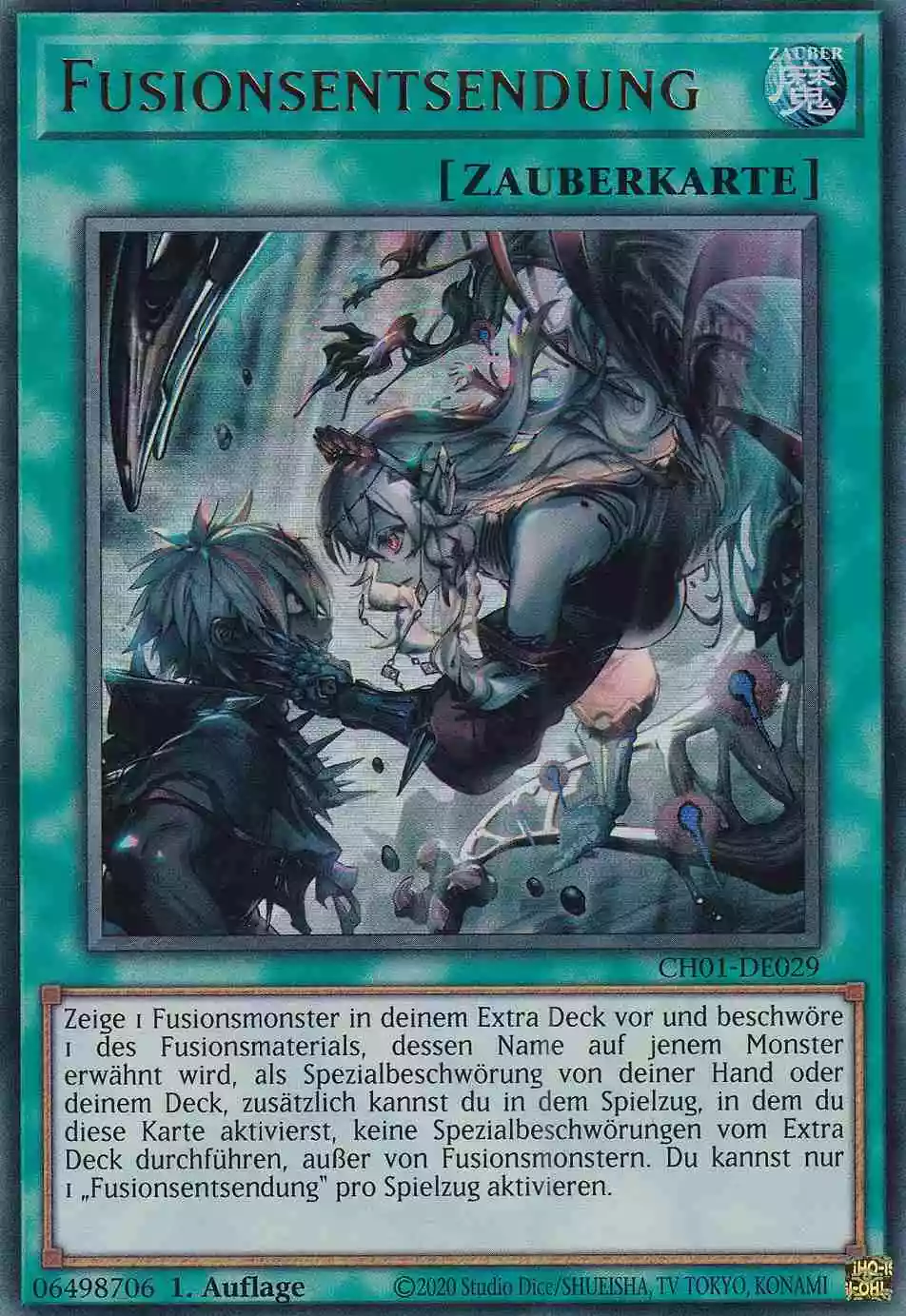 Fusionsentsendung Ultra Rare CH01-DE029 Yugioh Karte Fusionsentsendung CH01-DE029 ist in Ultra Rare Yu-Gi-Oh Karte aus THE CHRONICLES DECK: The Fallen & The Virtuous 1.Auflage