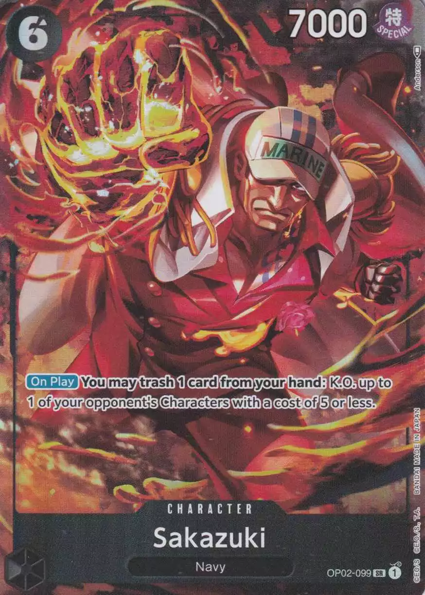 op02-099-a-sakazuki-parallel-super-rare-paramount-war-op-02 Sakazuki (Parallel) OP02-099 ist in Super Rare. Die One Piece Karte ist aus Paramount War OP-02 in Parallel Alternative Art.