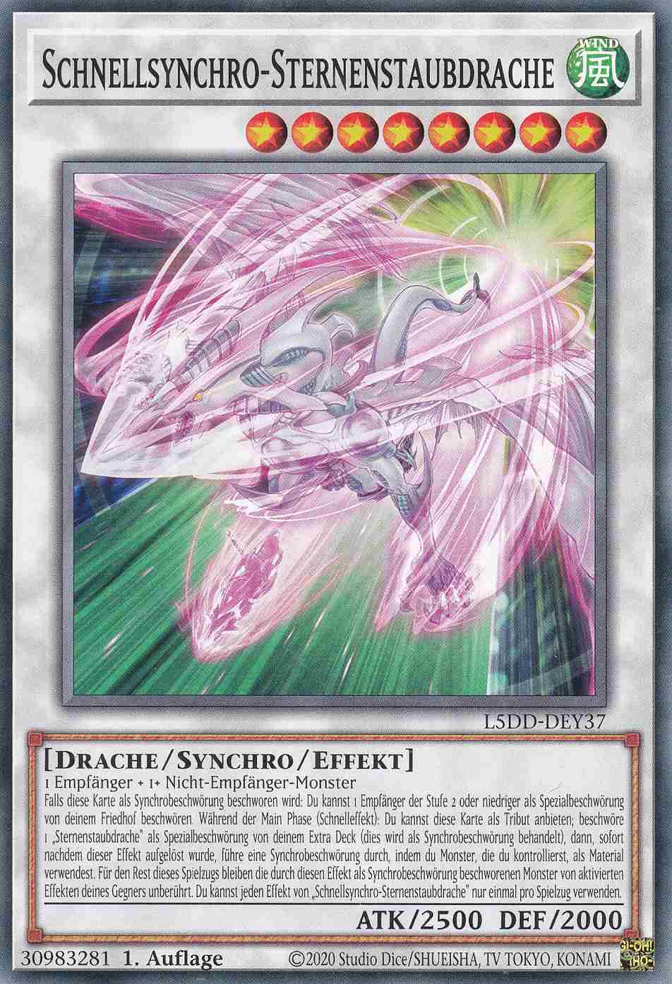 Schnellsynchro-Sternenstaubdrache Common L5DD-DEY37 Yugioh Karte Schnellsynchro-Sternenstaubdrache L5DD-DEY37 ist in Common Yu-Gi-Oh Karte aus Legendary 5D’s Decks 1.Auflage