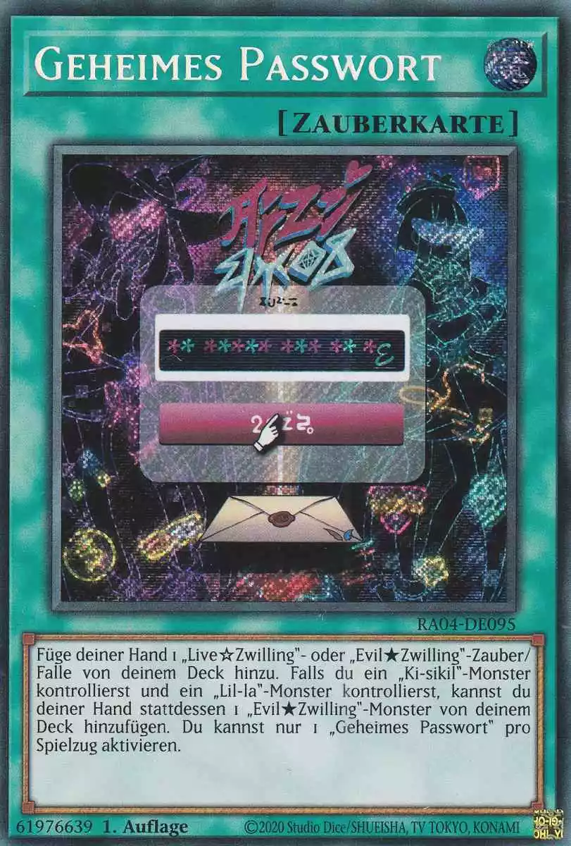 Geheimes Passwort Secret Rare RA04-DE095 Yugioh Karte Geheimes Passwort RA04-DE095 ist in Secret Rare Yu-Gi-Oh Karte aus Quarter Century Stampede 1.Auflage