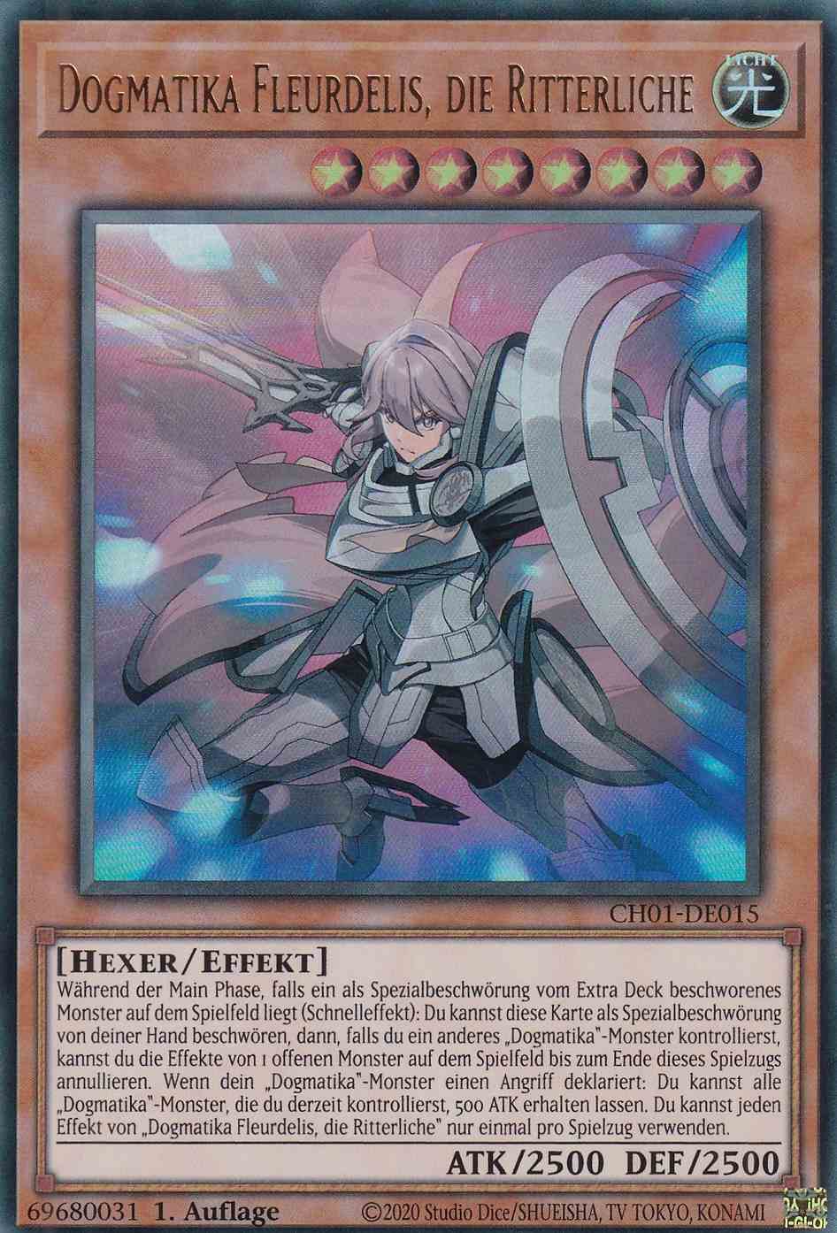 Dogmatika Fleurdelis, die Ritterliche Ultra Rare CH01-DE015 Yugioh Karte Dogmatika Fleurdelis, die Ritterliche CH01-DE015 ist in Ultra Rare Yu-Gi-Oh Karte aus THE CHRONICLES DECK: The Fallen & The Virtuous 1.Auflage