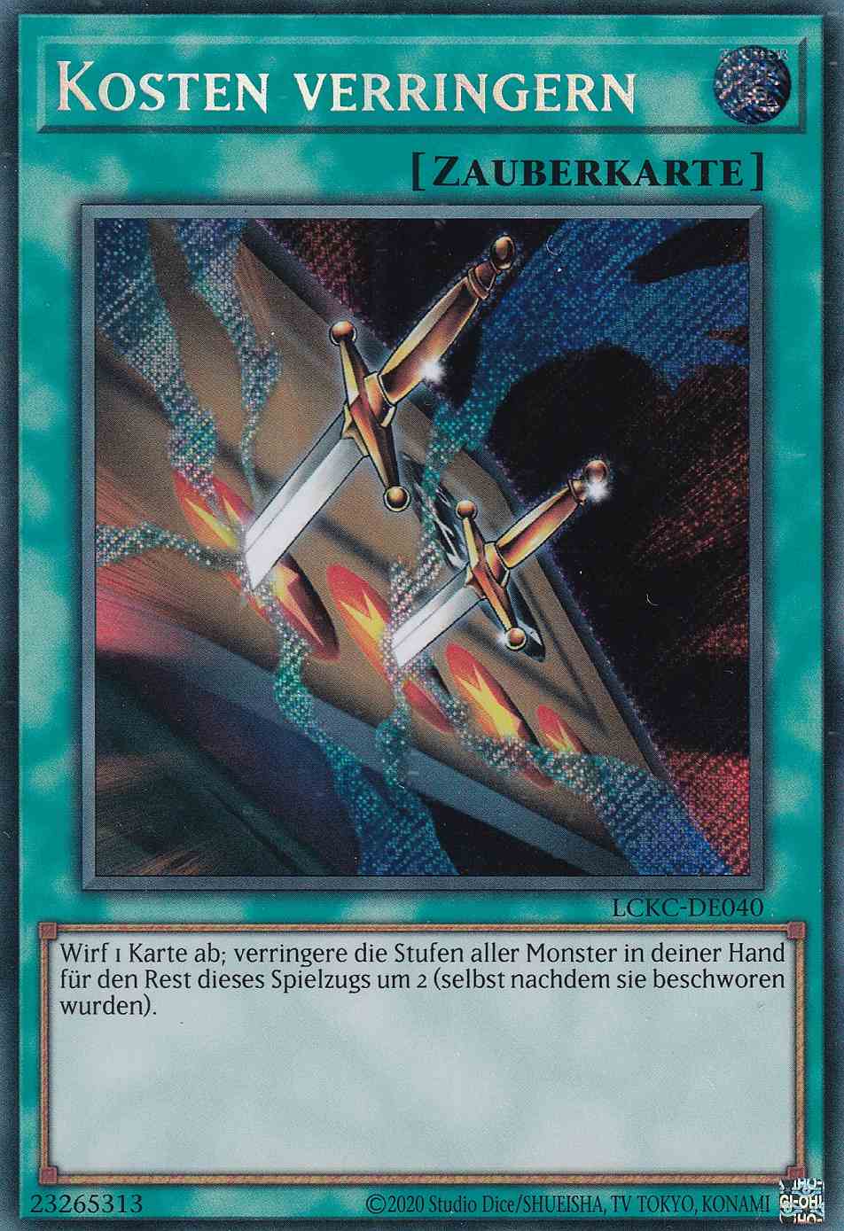 Kosten verringern Secret Rare LCKC-DE040 Yugioh Karte Kosten verringern LCKC-DE040 ist in Secret Rare Yu-Gi-Oh Karte aus Legendary Collection Kaiba unlimitiert