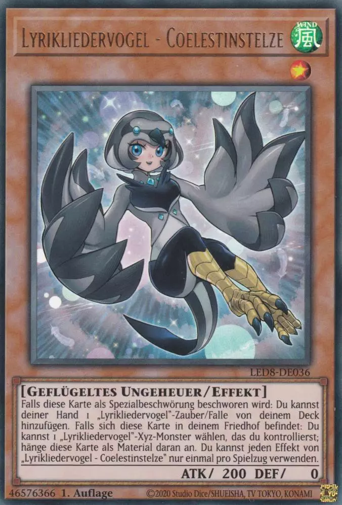 Lyrikliedervogel - Coelestinstelze LED8-DE036 ist in Ultra Rare Yu-Gi-Oh Karte aus Legendary Duelists Synchro Storm 1.Auflage