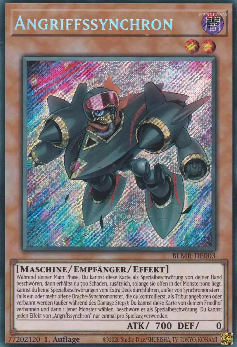 Angriffssynchron BLMR-DE003 ist in Secret Rare Yu-Gi-Oh Karte aus Battles of Legend Monstrous Revenge 1.Auflage