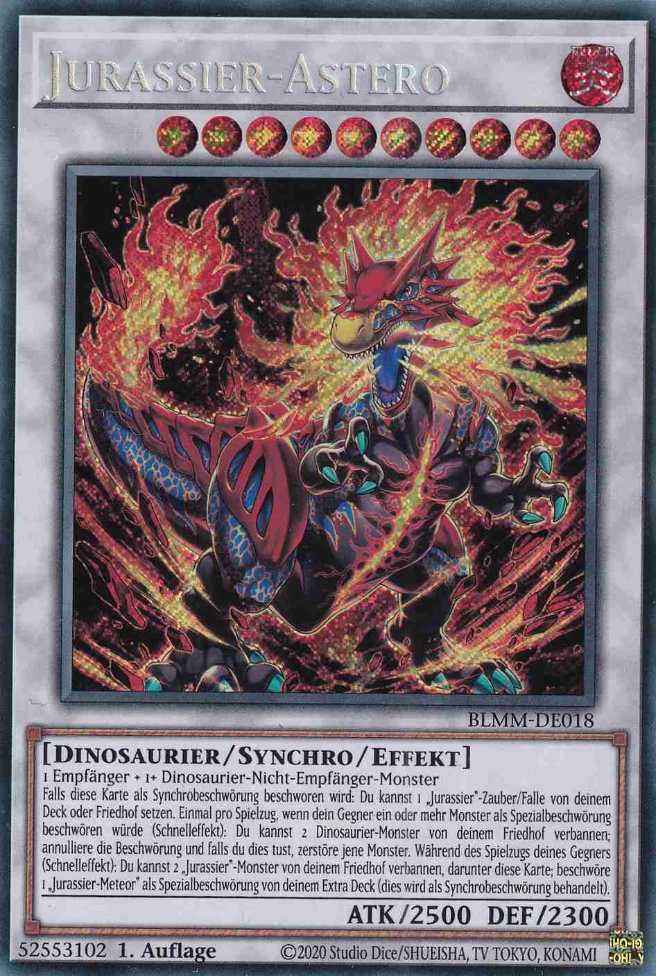 Jurassier-Astero BLMM-DE018 ist in Secret Rare Yu-Gi-Oh Karte aus Battles of Legend Monster Mayhem 1.Auflage