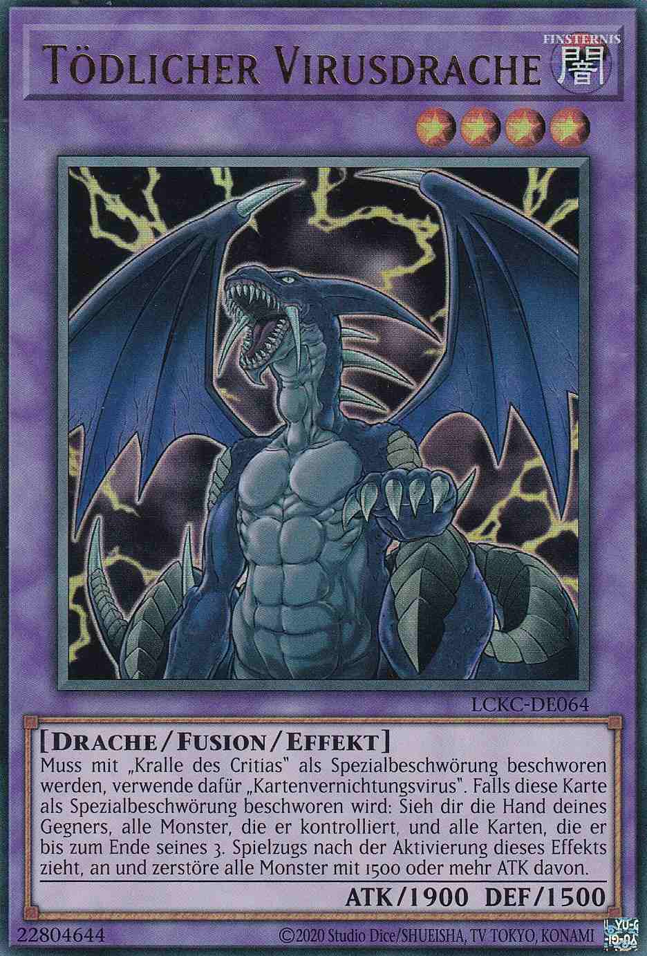 Tödlicher Virusdrache Ultra Rare LCKC-DE064 Yugioh Karte Tödlicher Virusdrache LCKC-DE064 ist in Ultra Rare Yu-Gi-Oh Karte aus Legendary Collection Kaiba unlimitiert
